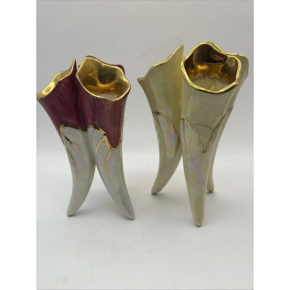 2 Japanese Lusterware 3 Horn Flower Vases Iridescent Purple Gold 6.5